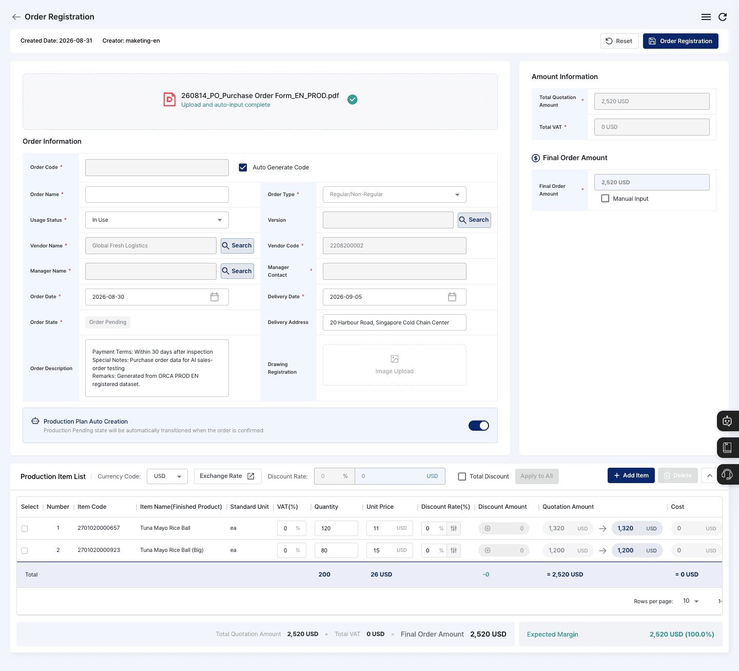 ORCA MES sales order list with customers, items, due dates, and values — Sales-channel order collection