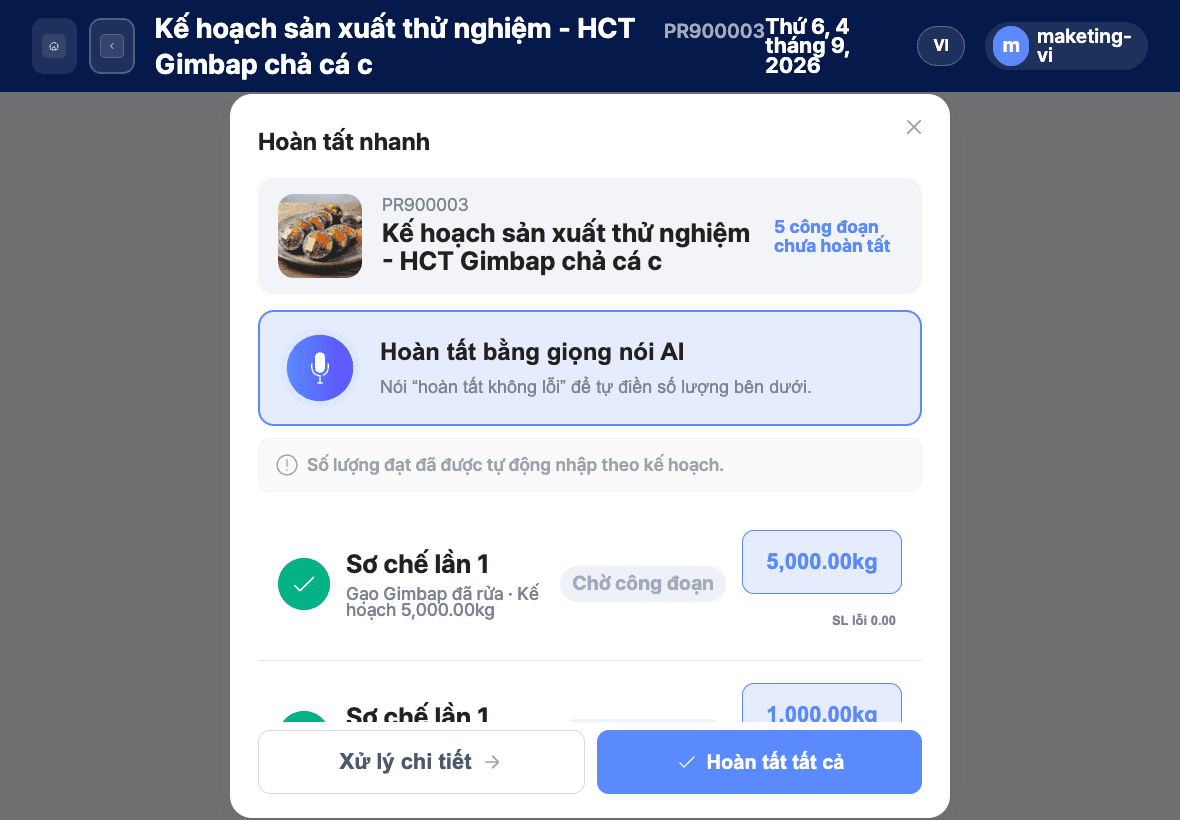 Màn hình công việc hiện trường và trạng thái hoàn thành ORCA MES — Lệnh việc được chuyển ngay