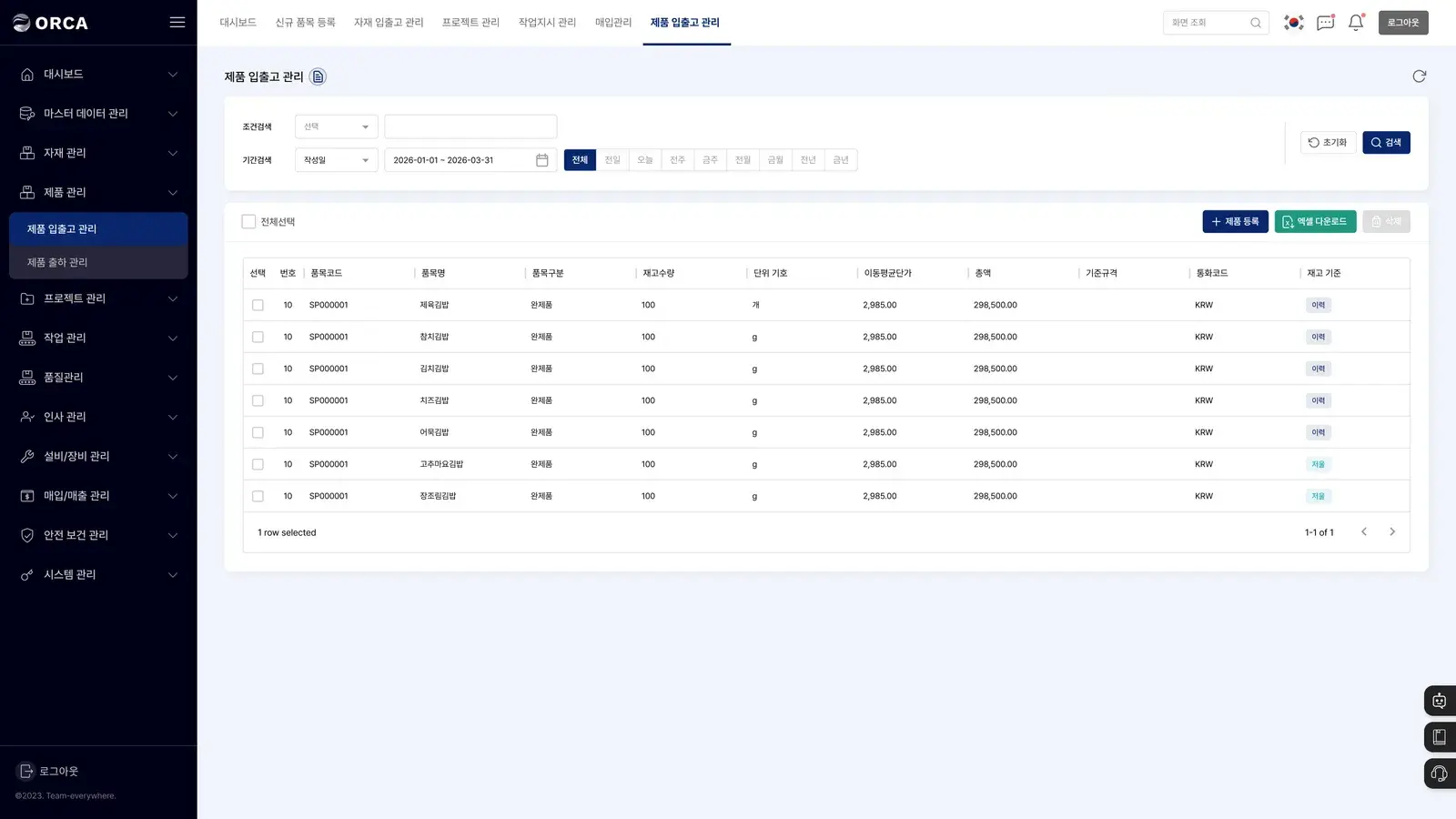 ORCA MES product inventory and warehouse movement screen