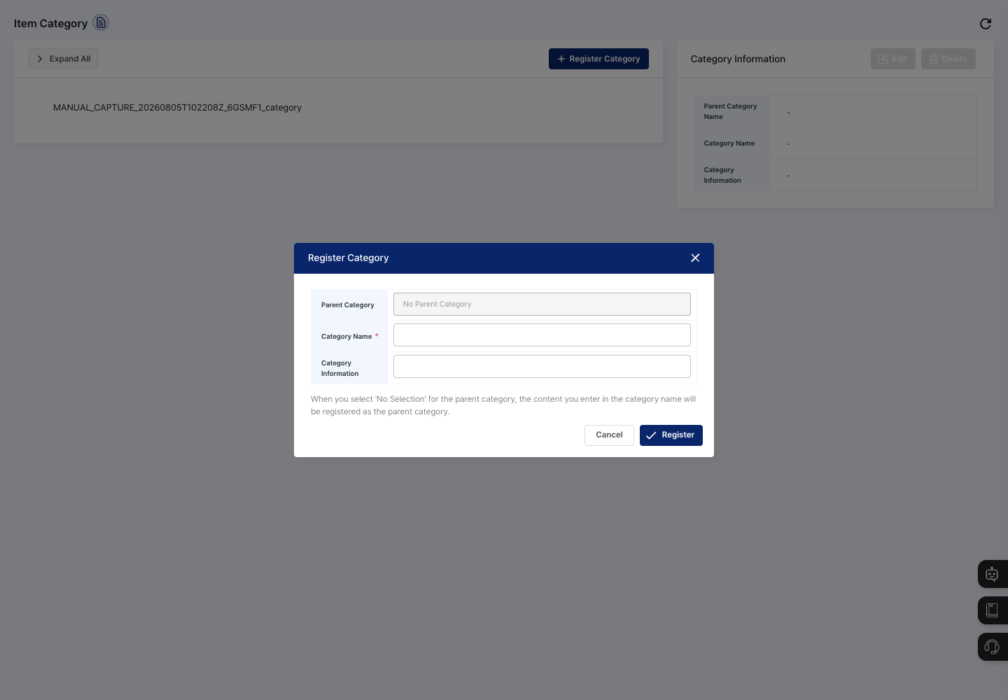 Registration window for entering a parent category, category name, and category information
