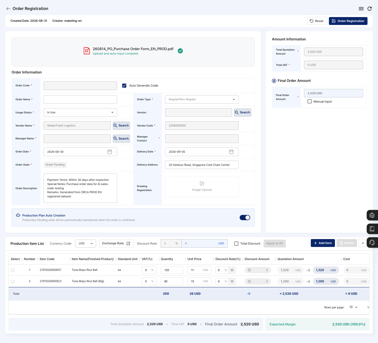 AI-filled order information and items after uploading a PO PDF