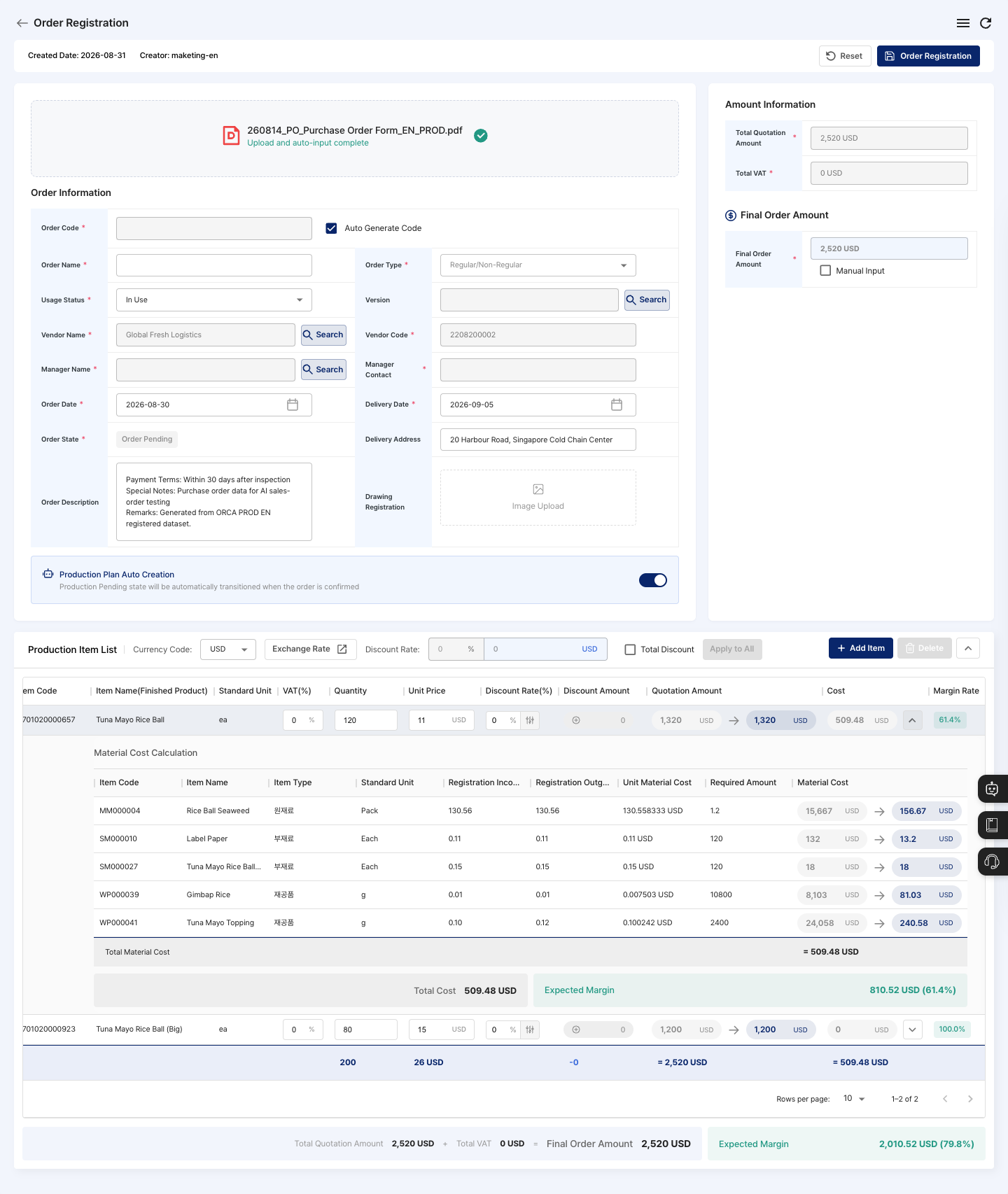 Expanded item detail rows in AI order registration