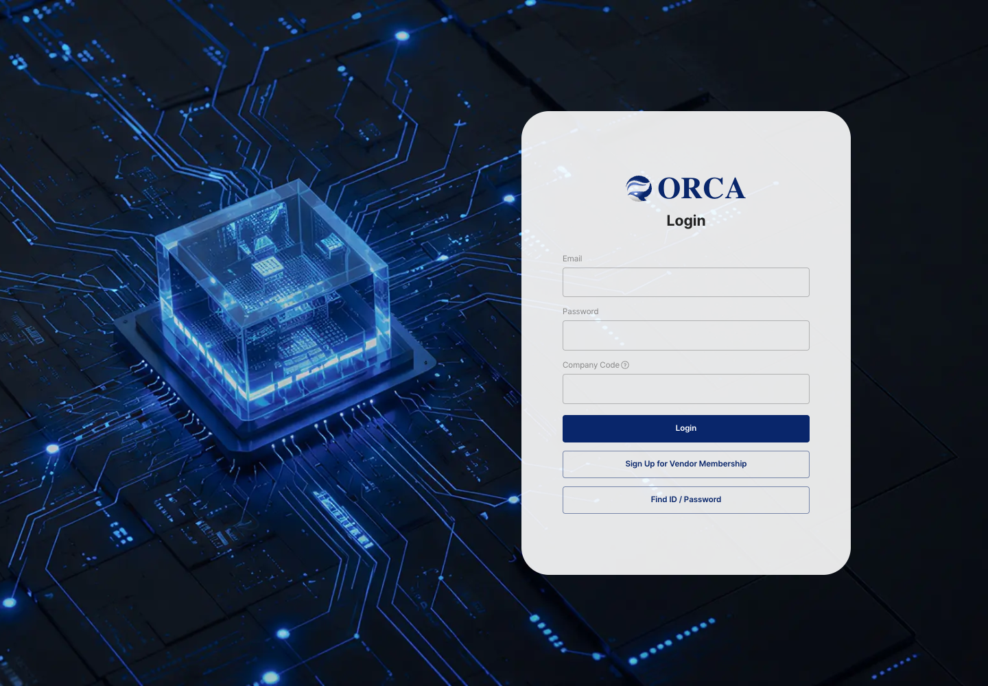 Login screen with email, password, and company code fields
