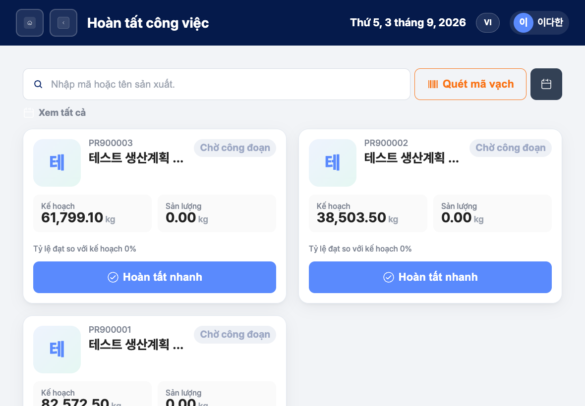 Danh sách hoàn tất công việc hiện trường với bộ lọc ngày và thẻ lệnh