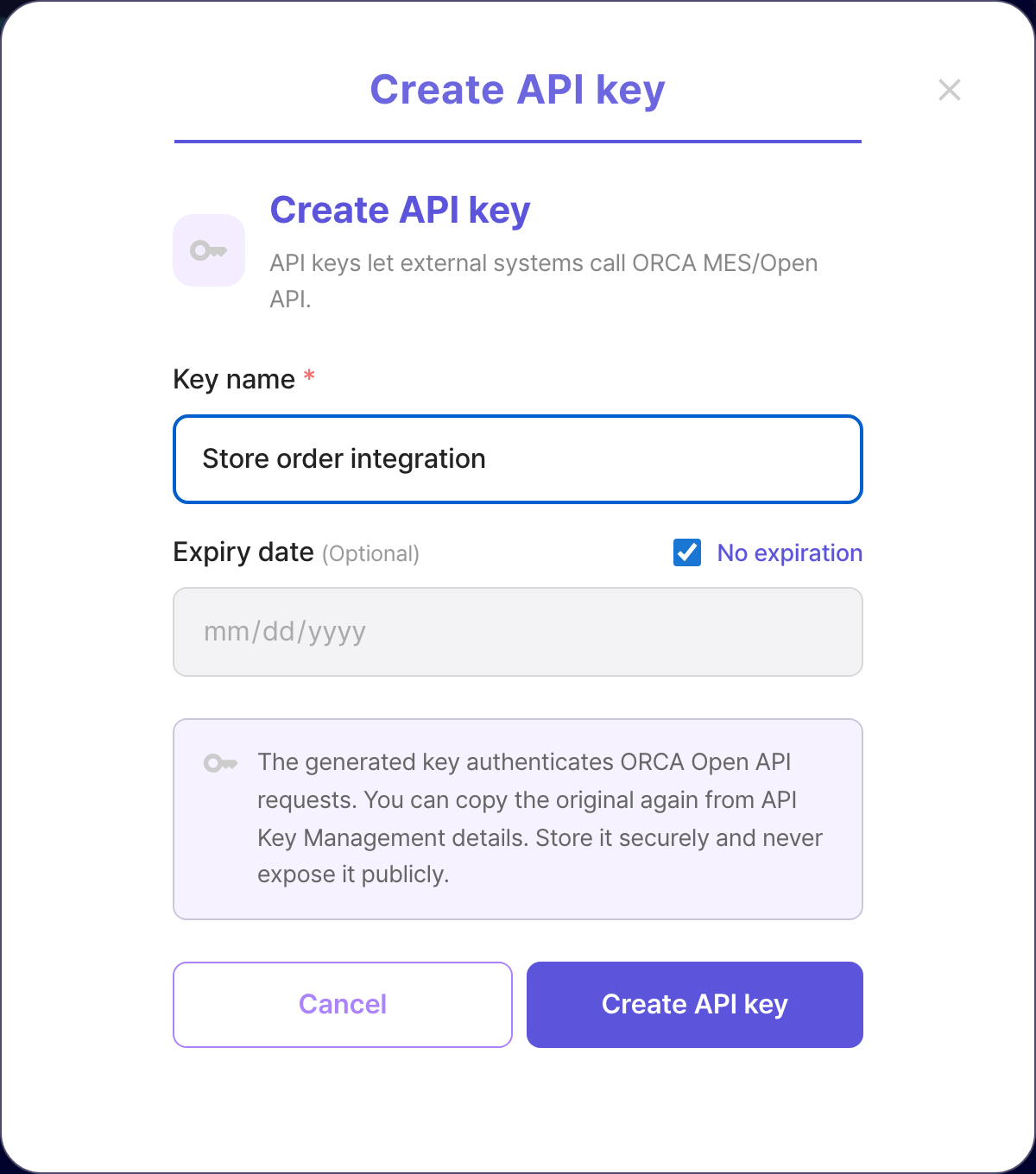 ORCA Create API key modal with a key name entered and unlimited expiry selected