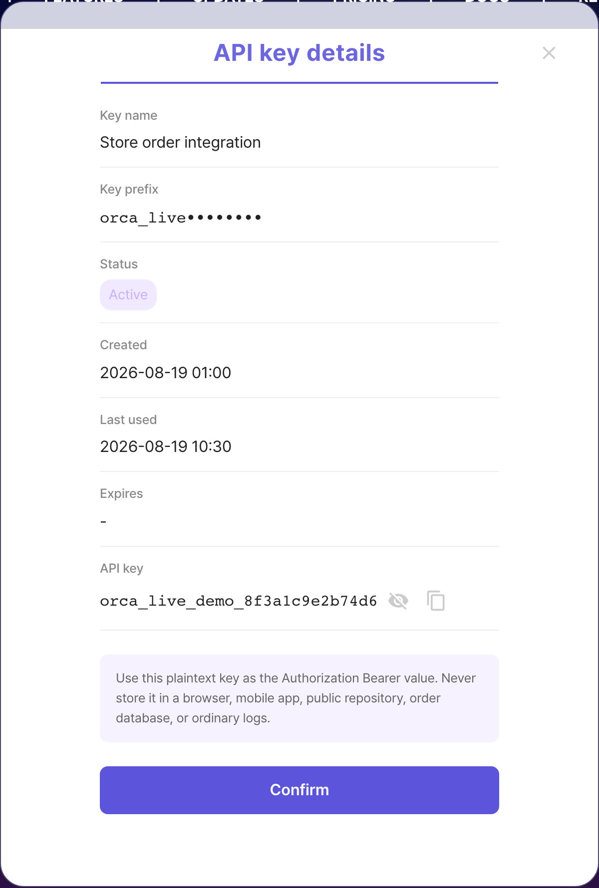 ORCA API key details modal showing the plaintext key with show/hide and copy controls