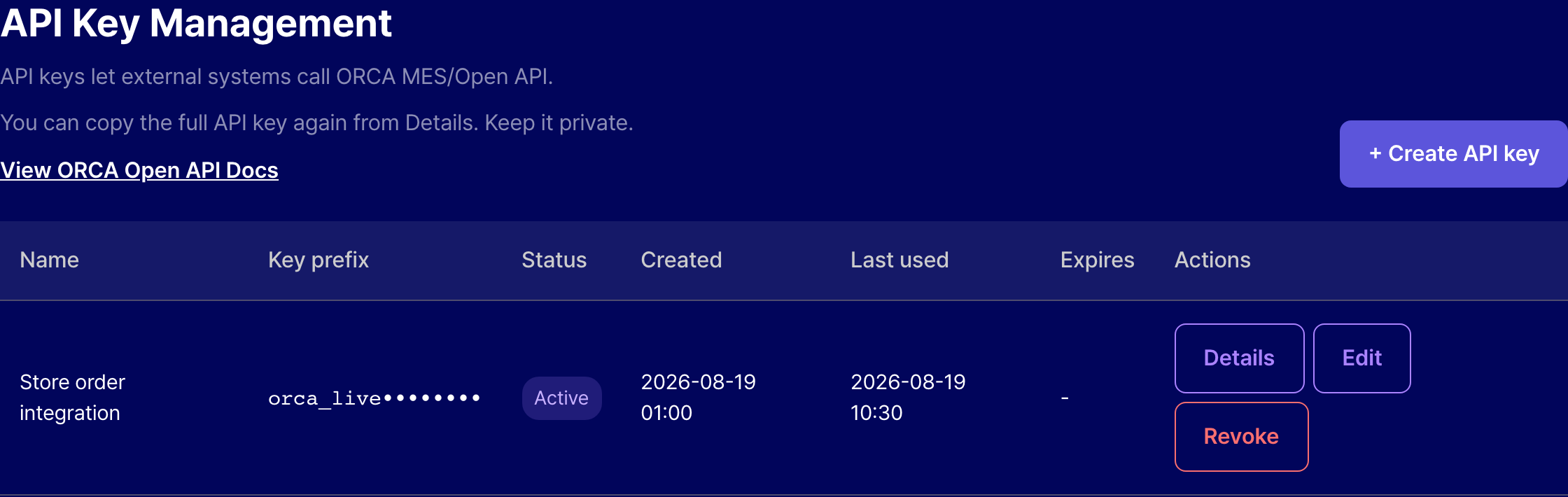 ORCA API Key Management page listing name, prefix, status, created date, last used, and expiry