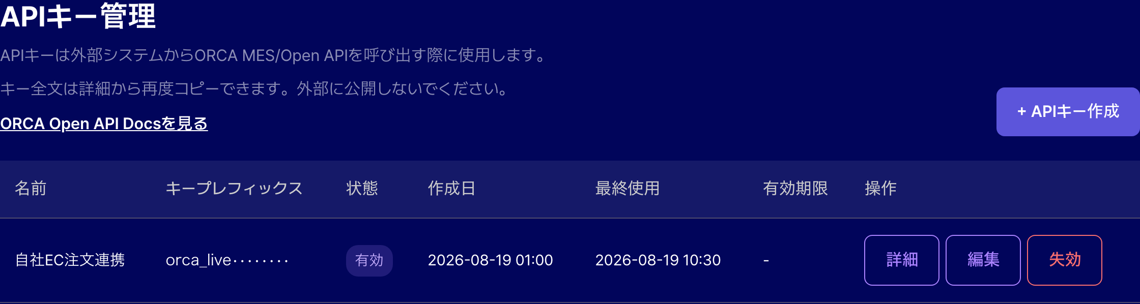 ORCA APIキー管理画面。名前、prefix、状態、作成日、最終使用、有効期限が一覧表示された画面