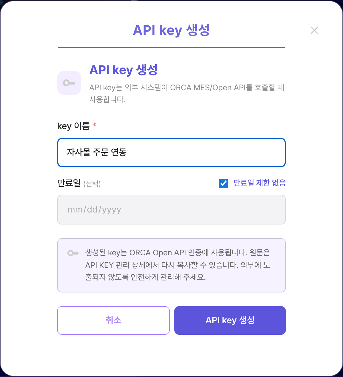ORCA API key 생성 모달. 키 이름과 만료일(선택)을 입력하는 화면