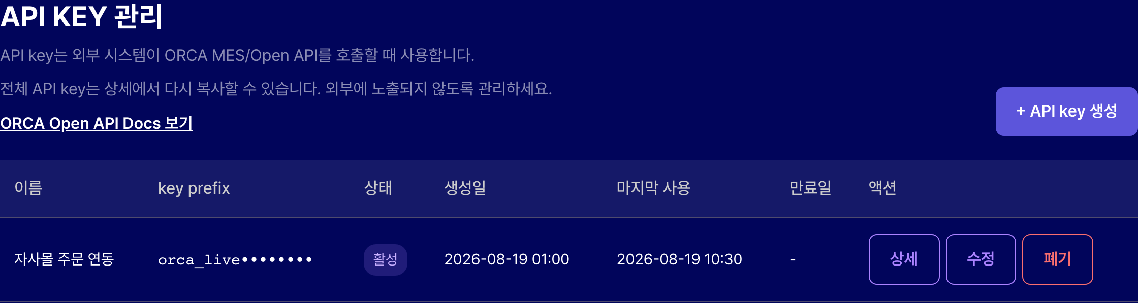ORCA API KEY 관리 화면. 이름, prefix, 상태, 생성일, 마지막 사용, 만료일이 표시된 목록