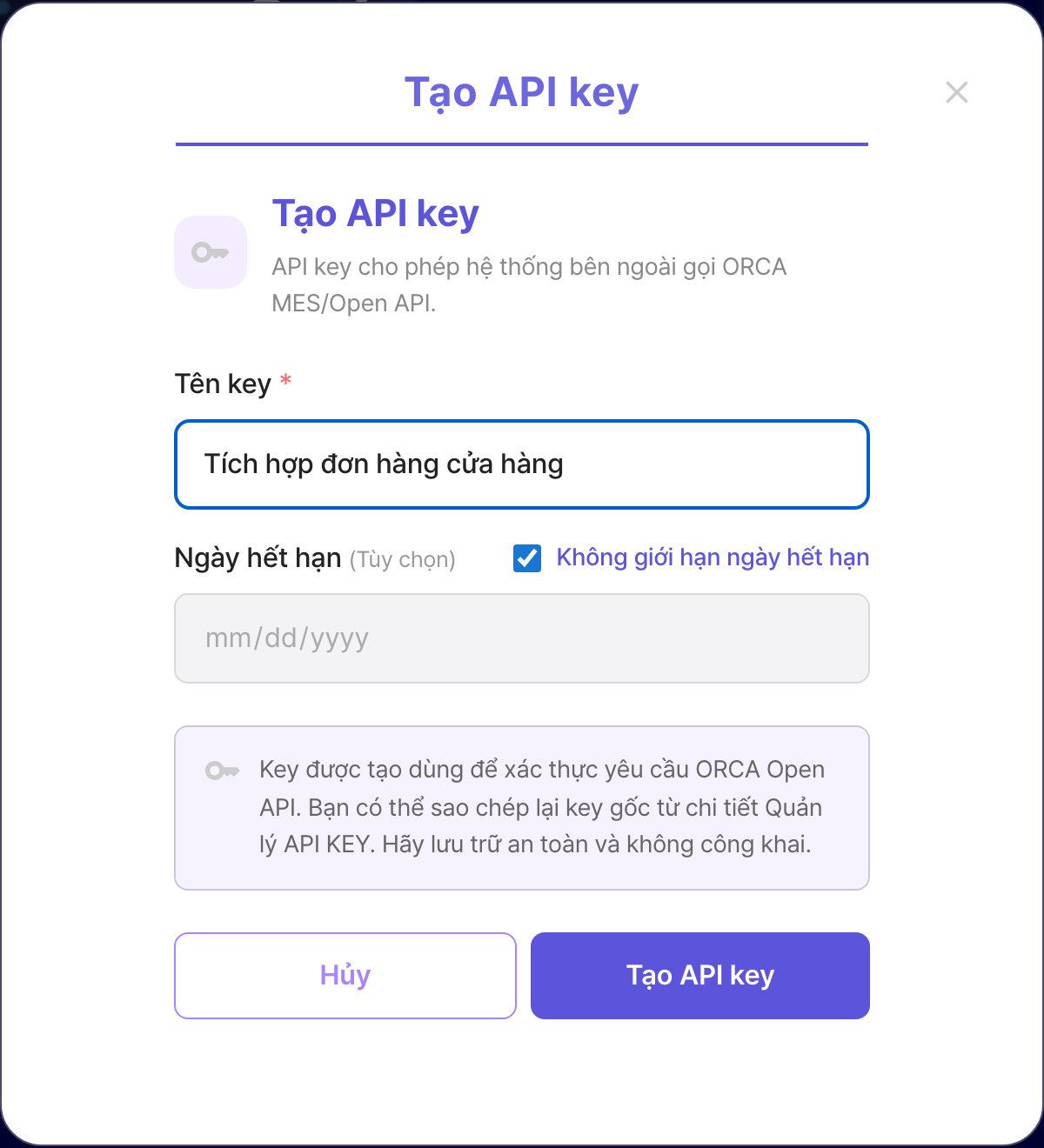 Modal tạo API key ORCA với tên key đã nhập và không giới hạn ngày hết hạn