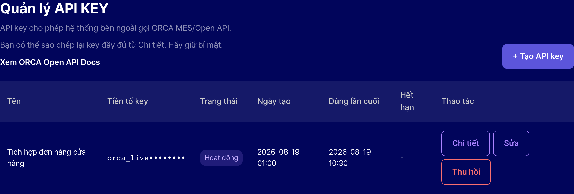 Trang quản lý API KEY của ORCA với tên, prefix, trạng thái, ngày tạo, lần dùng gần nhất và ngày hết hạn