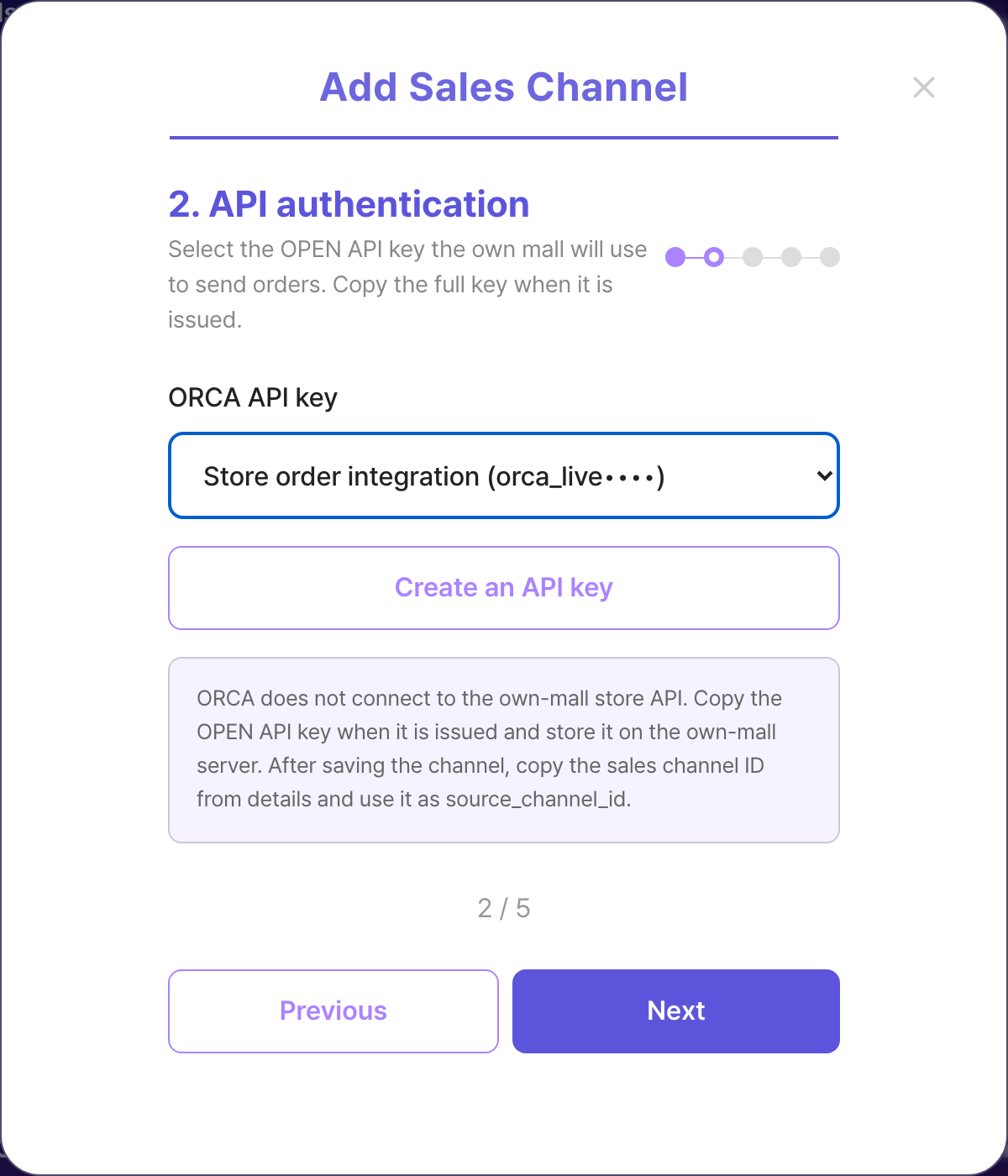 ORCA Add sales channel modal, step 2, with an issued OPEN API key selected