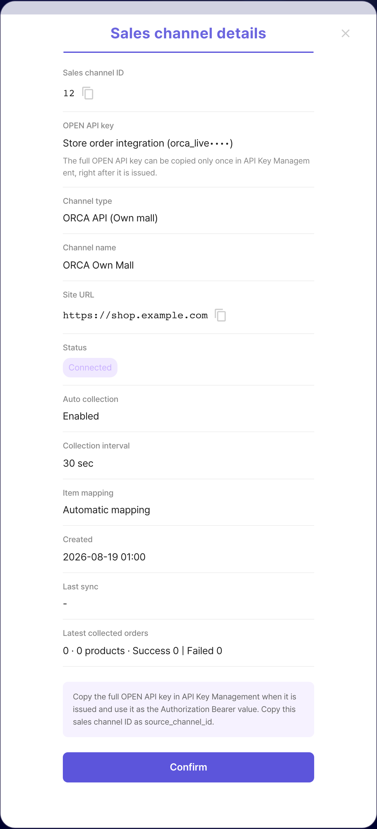 ORCA sales channel details modal showing a copyable sales channel ID and the linked OPEN API key