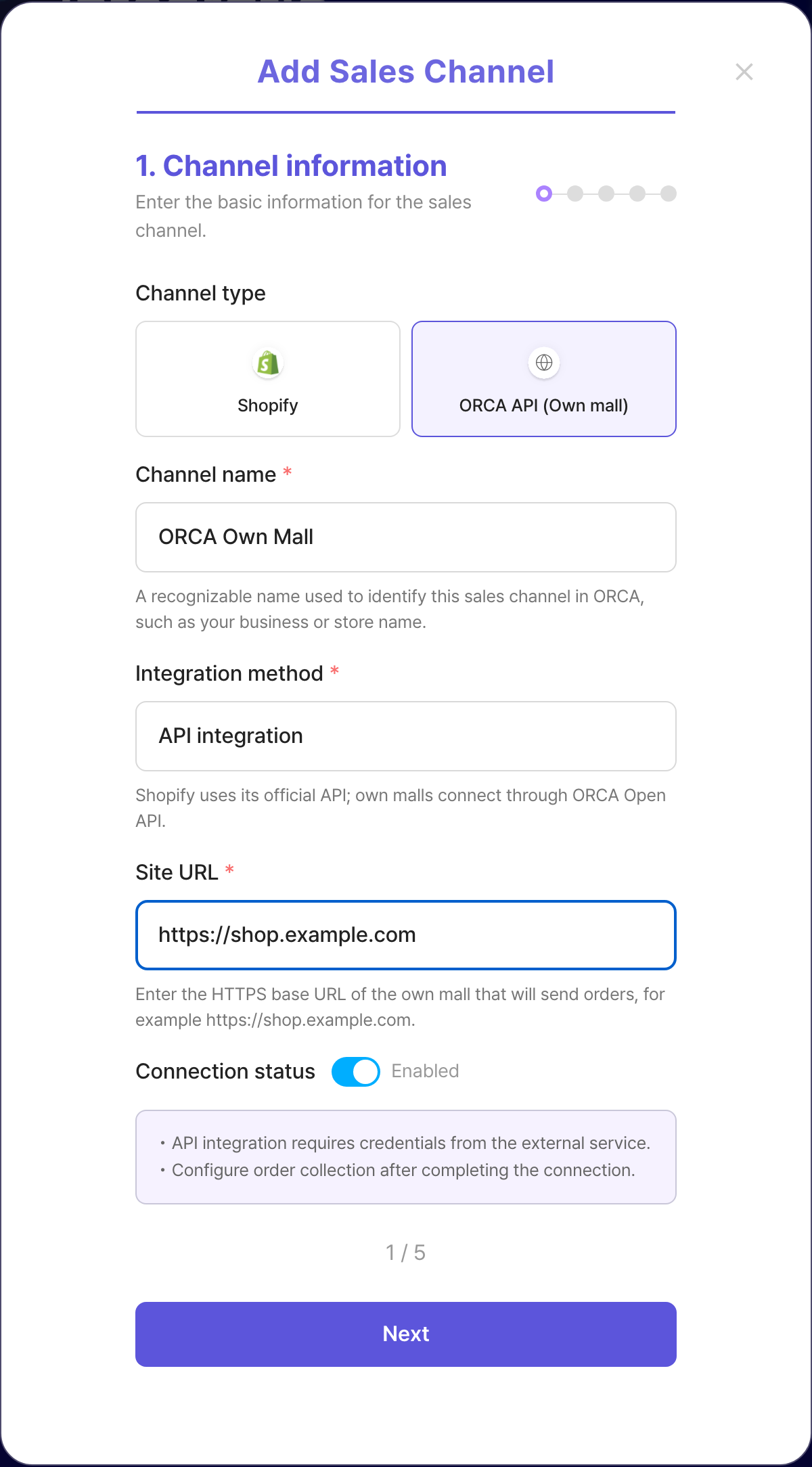 ORCA Add sales channel modal, step 1, with ORCA API (Own mall) selected and a channel name and HTTPS site URL entered