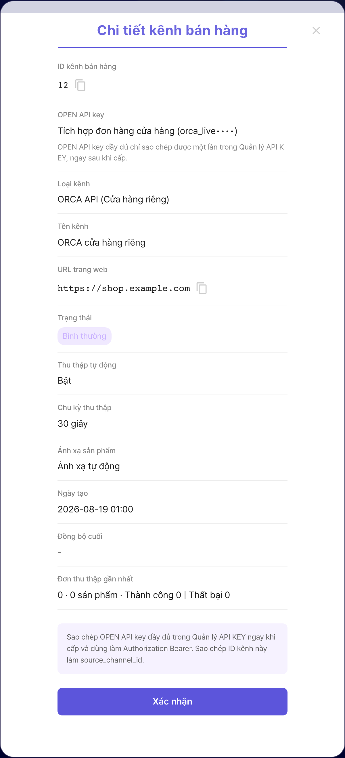 Modal chi tiết kênh bán hàng ORCA với ID kênh có thể sao chép và OPEN API key đã liên kết