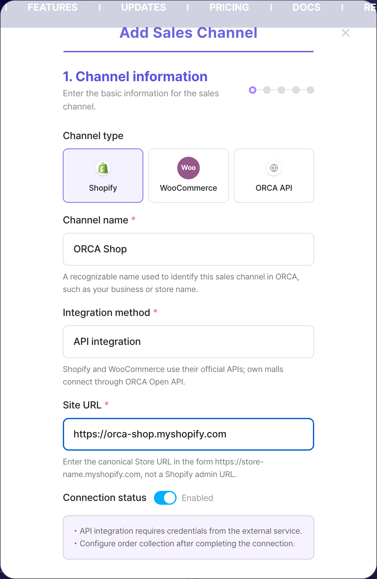 ORCA Add sales channel modal, step 1, with Shopify selected and a channel name and myshopify.com Store URL entered