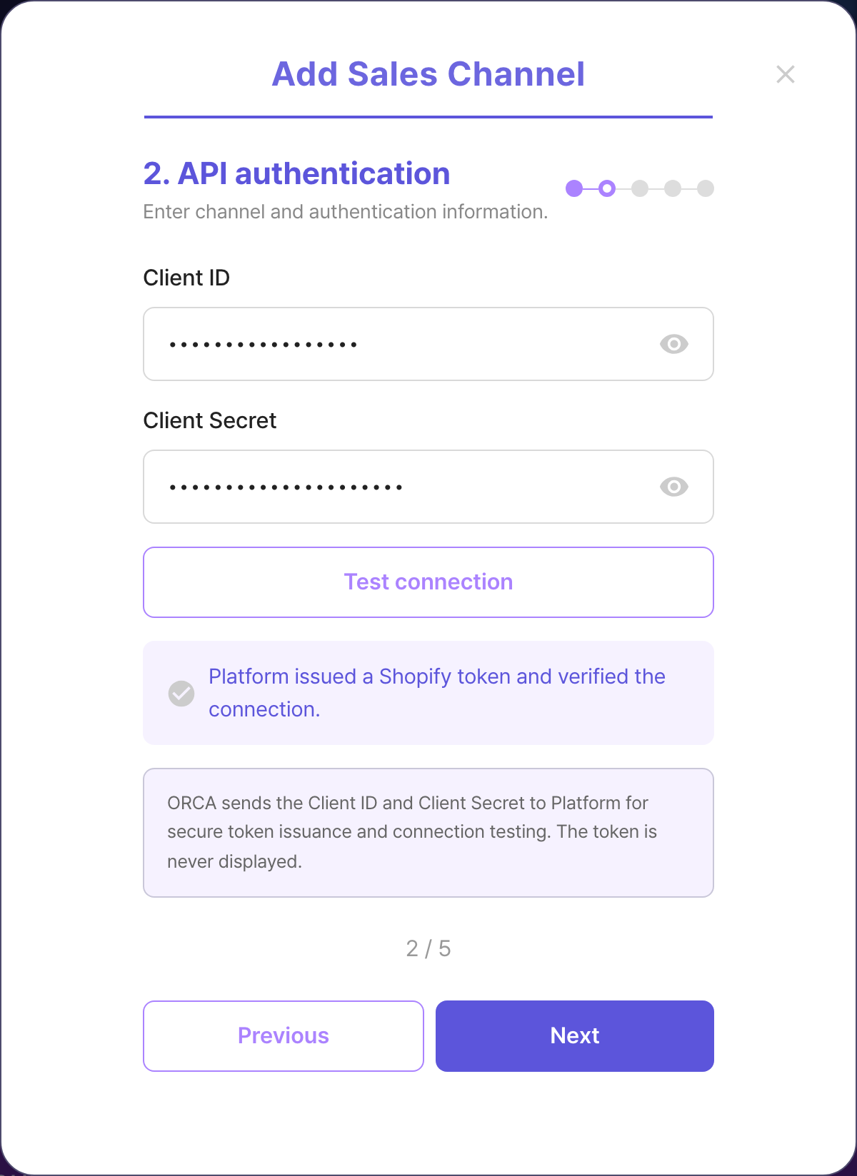 ORCA Add sales channel modal, step 2 API authentication, after a successful Shopify connection test