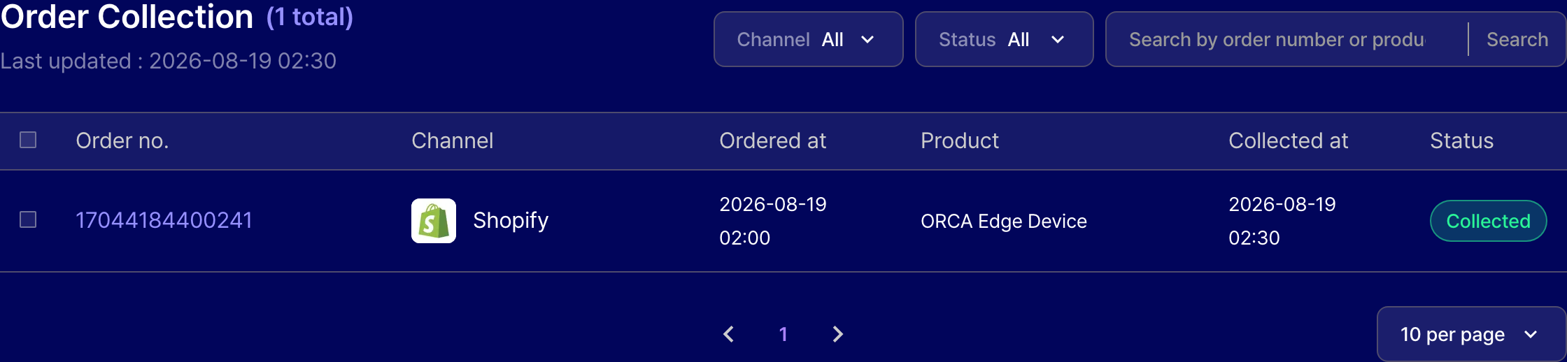 ORCA order collection status showing a Shopify order number, ordered at, product name, collected at, and collection success