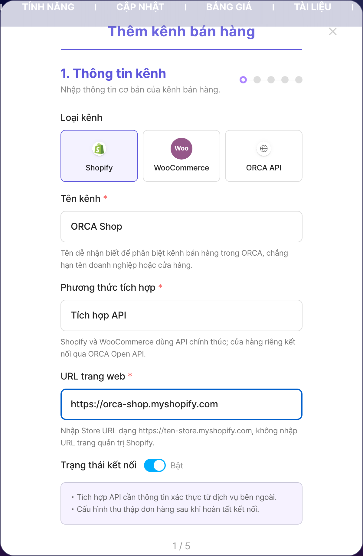 Modal thêm kênh bán hàng ORCA, bước 1, Shopify đã chọn với tên kênh và Store URL myshopify.com