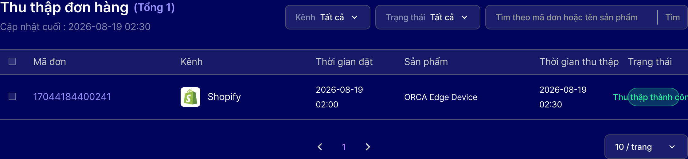 Màn hình thu thập đơn hàng ORCA với mã đơn Shopify, thời gian đặt, tên sản phẩm, thời gian thu thập và trạng thái thành công